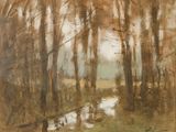une image représentant un tableau où l'on voit des arbres et un ruisseau dans un champ