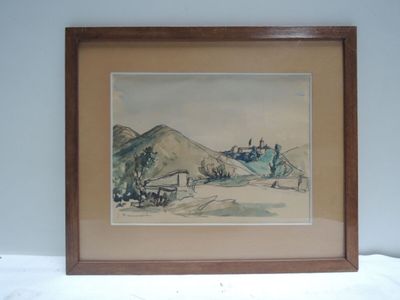 peinture représentant un paysage avec une maison et une montagne en arrière-plan