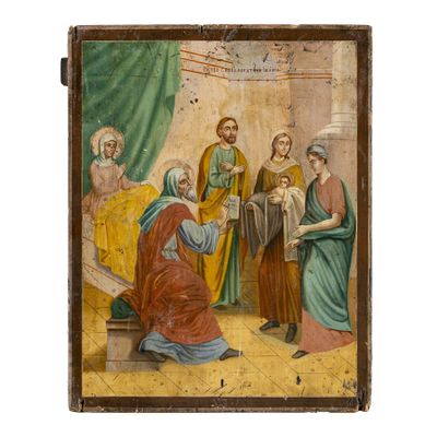 un vieux tableau représentant un groupe de personnes rassemblées autour d'un lit