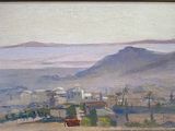 an image of a painting of a view of a town from a hill