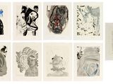 six dessins différents représentant des personnes et des animaux sur une feuille de papier