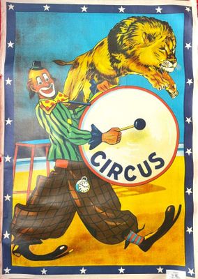 tableau représentant un clown de cirque avec un lion et un tambour