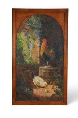 une peinture à l'huile représentant un coq et des poules dans un jardin