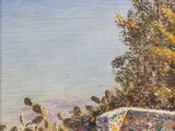 une peinture à l'huile représentant un banc donnant sur un plan d'eau