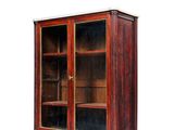 an image of a wooden cabinet with glass doors and a marble top