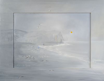 une peinture représentant une image d'une plage avec des oiseaux volant dans les airs