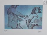 dessin représentant un homme aidant une femme à enfiler ses sous-vêtements