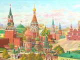 painting of a painting of a view of a city with a clock tower in the foreground