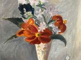 a painting of flowers in a vase on a table