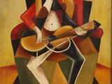 un tableau représentant un homme assis sur une chaise, une guitare à la main