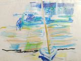 drawing of a sailboat on the water with a person walking in the background