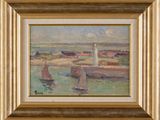 an oil painting of boats in a harbor with a lighthouse in the background