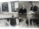 several black and white photos of men and women walking down a street