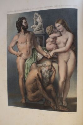 un vieux livre sur lequel figure une peinture représentant un groupe d'hommes et de femmes nus