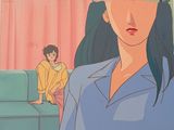 cartoon of a woman sitting on a couch in a living room next to a cat
