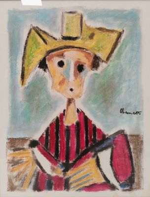 tableau représentant un homme coiffé d'un chapeau et vêtu d'une chemise rayée, tenant une guitare