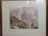 une vieille photo d'un village de montagne avec une montagne en arrière-plan