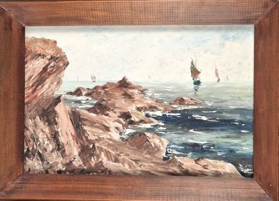 une peinture représentant un voilier sur l'eau, près des rochers