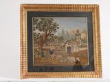 tableau représentant une scène de village, dans un cadre doré, sur un fond blanc