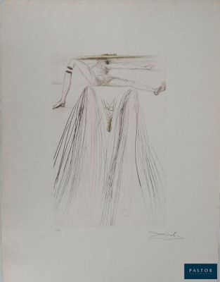 a drawing of a woman in a long dress with a sword on her head