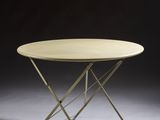 a round table with a metal base and a wooden top