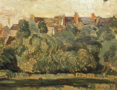 peinture représentant une vue d'une ville avec une rivière et un pont