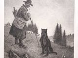 drawing of a man and a dog in a field with trees in the background