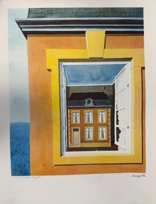 a picture of a painting of a house with a clock in the window