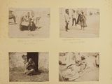 several old black and white photos of people and animals in a village