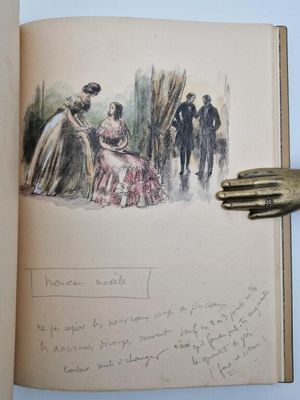 an open book with a drawing of a man and a woman