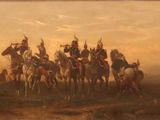 peinture d'un groupe d'hommes à cheval dans un champ