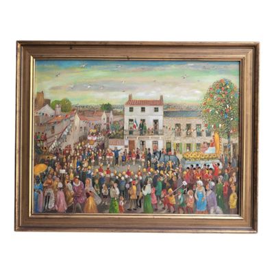 painting of a large crowd of people gathered in a town square