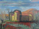 an oil painting of a house in the middle of a field