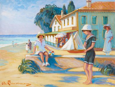 tableau représentant un couple sur une plage, près d'une maison