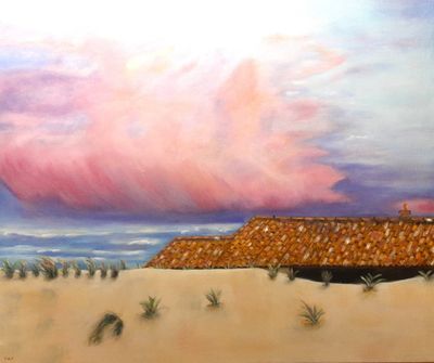 painting of a desert scene with a pink cloud in the sky