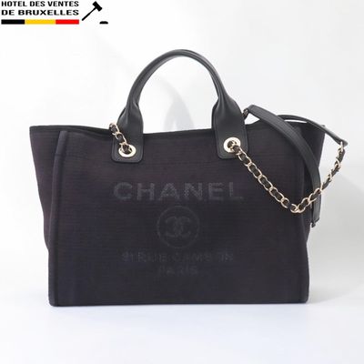 sac fourre-tout Chanel en toile noire avec anses en chaîne