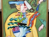 tableau représentant une femme tenant une scie, avec un oiseau sur l'épaule