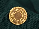 a close up of a gold coin on a green sweater