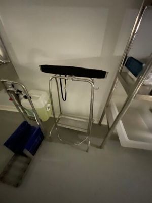 a bathroom with a toilet, sink, and ladder