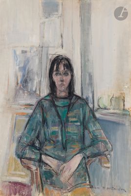 une peinture à l'huile représentant une femme assise sur une chaise dans une pièce
