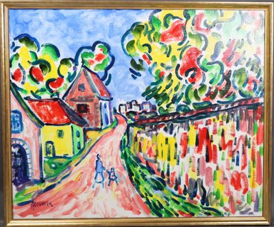 une peinture à l'huile représentant une personne marchant sur une route, avec des maisons en arrière-plan