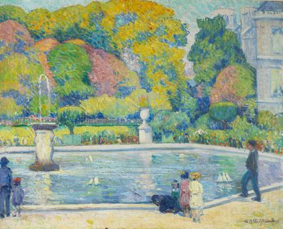 painting of a fountain in a park with people and a dog