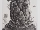 une image représentant un dessin en noir et blanc du visage d'un homme dans une cage