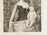 an old black and white drawing of a woman holding a baby