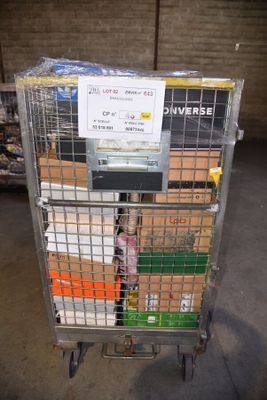 a metal cart with a bunch of boxes in it