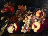 a painting of fruit on a table with leaves and acorns