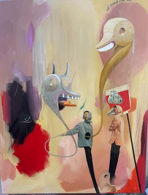a painting of a man and a woman standing in front of a painting of a bird