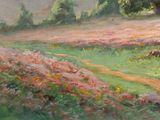 a painting of a field with flowers and trees in the background