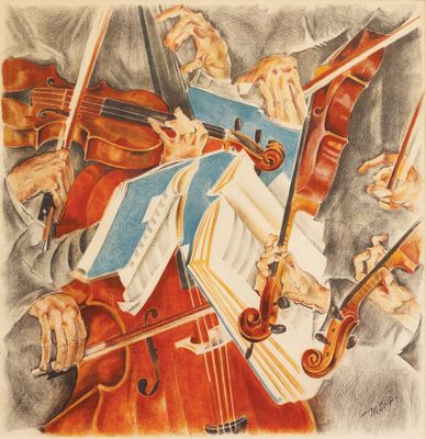 une image représentant un dessin d'un groupe de personnes jouant du violon