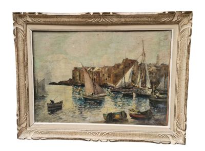 une image représentant un tableau montrant des bateaux dans un port, avec un château en arrière-plan